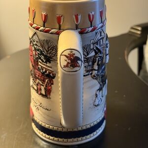 Festive Ceramic Beer Stein with Red and Blue Accents